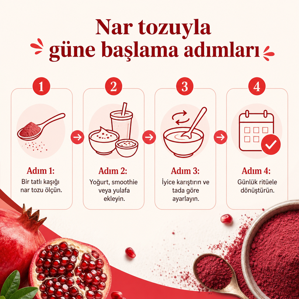 Nar tozunu ölçme, öğüne ekleme, karıştırma ve rutine dönüştürme adımlarını gösteren dört aşamalı süreç görseli