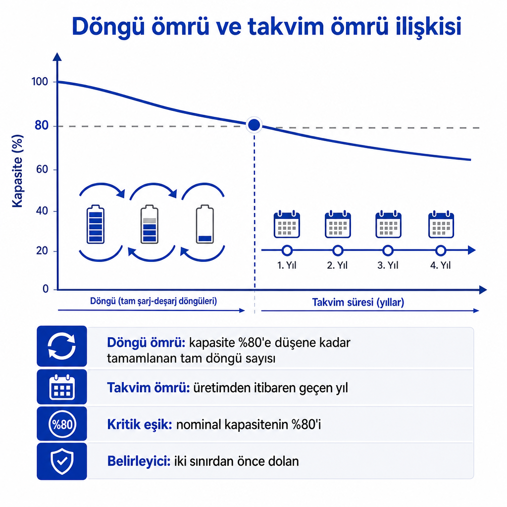 Döngü ömrü ile takvim ömrünün kapasite %80 eşiğinde nasıl kesiştiğini gösteren diyagram