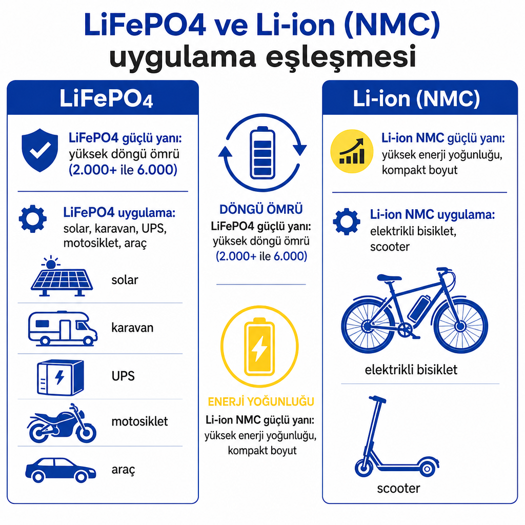 LiFePO4 ve Li-ion NMC kimyalarının hangi uygulamalara uygun olduğunu gösteren karşılaştırma