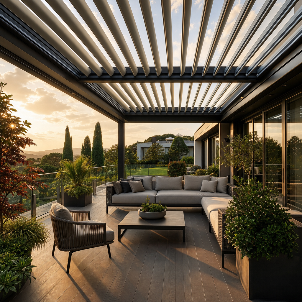 Kısmi açık konumdaki alüminyum lamellerin altında düzenlenmiş modern bir villa terası.