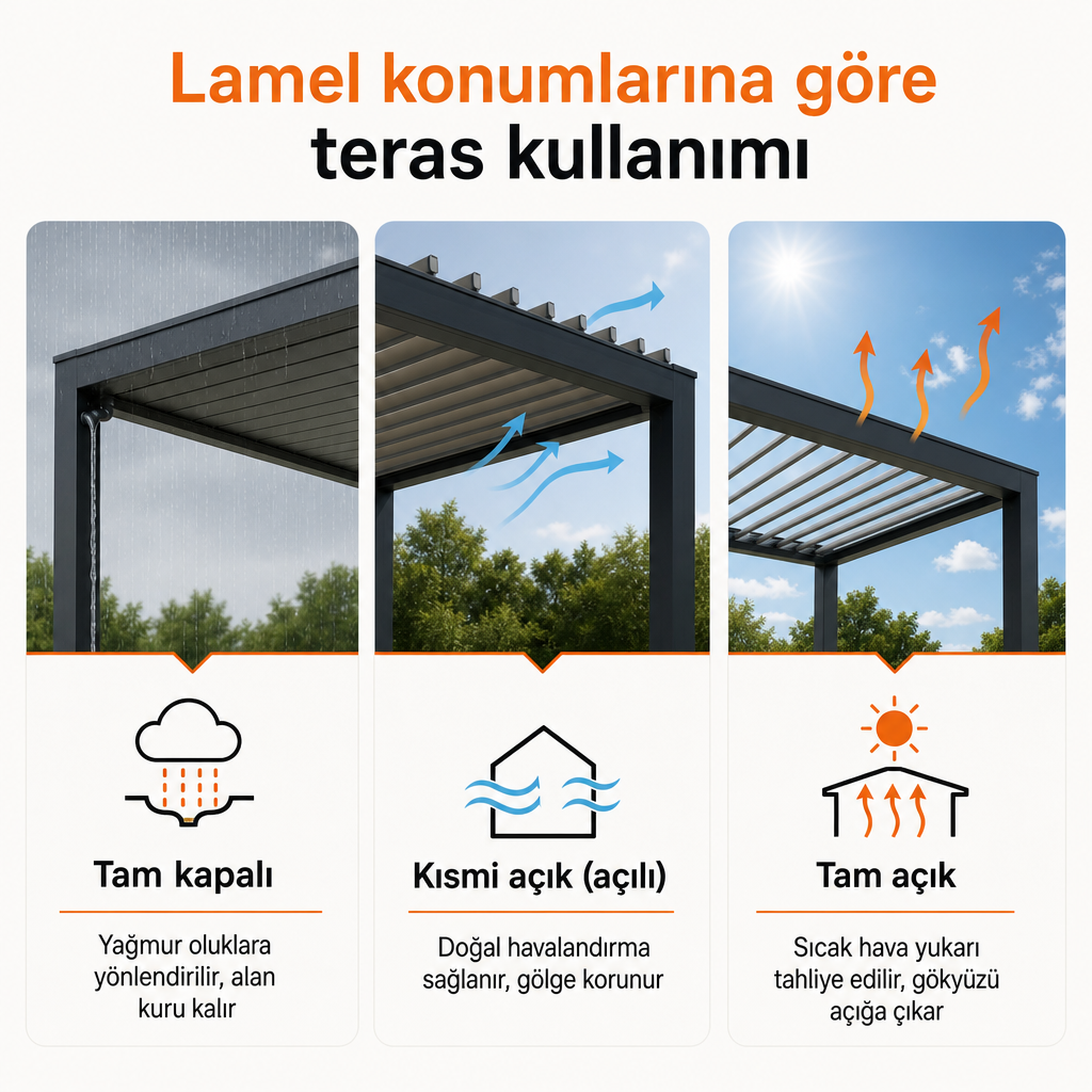 Tam kapalı, kısmi açık ve tam açık lamel konumlarının sağladığı faydaları gösteren üç sütunlu karşılaştırma.