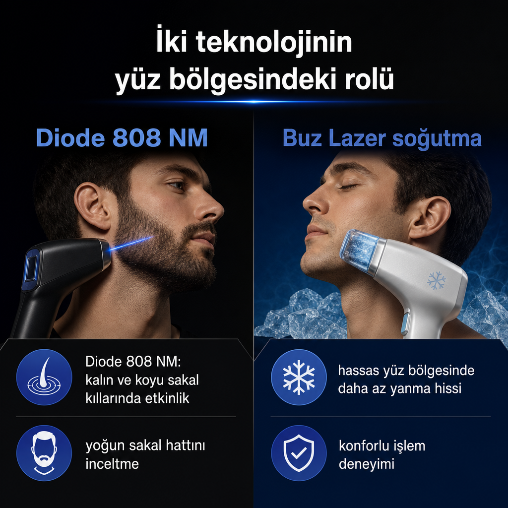 Diode ve Buz Lazer teknolojilerinin yüz bölgesindeki rolünü karşılaştıran görsel