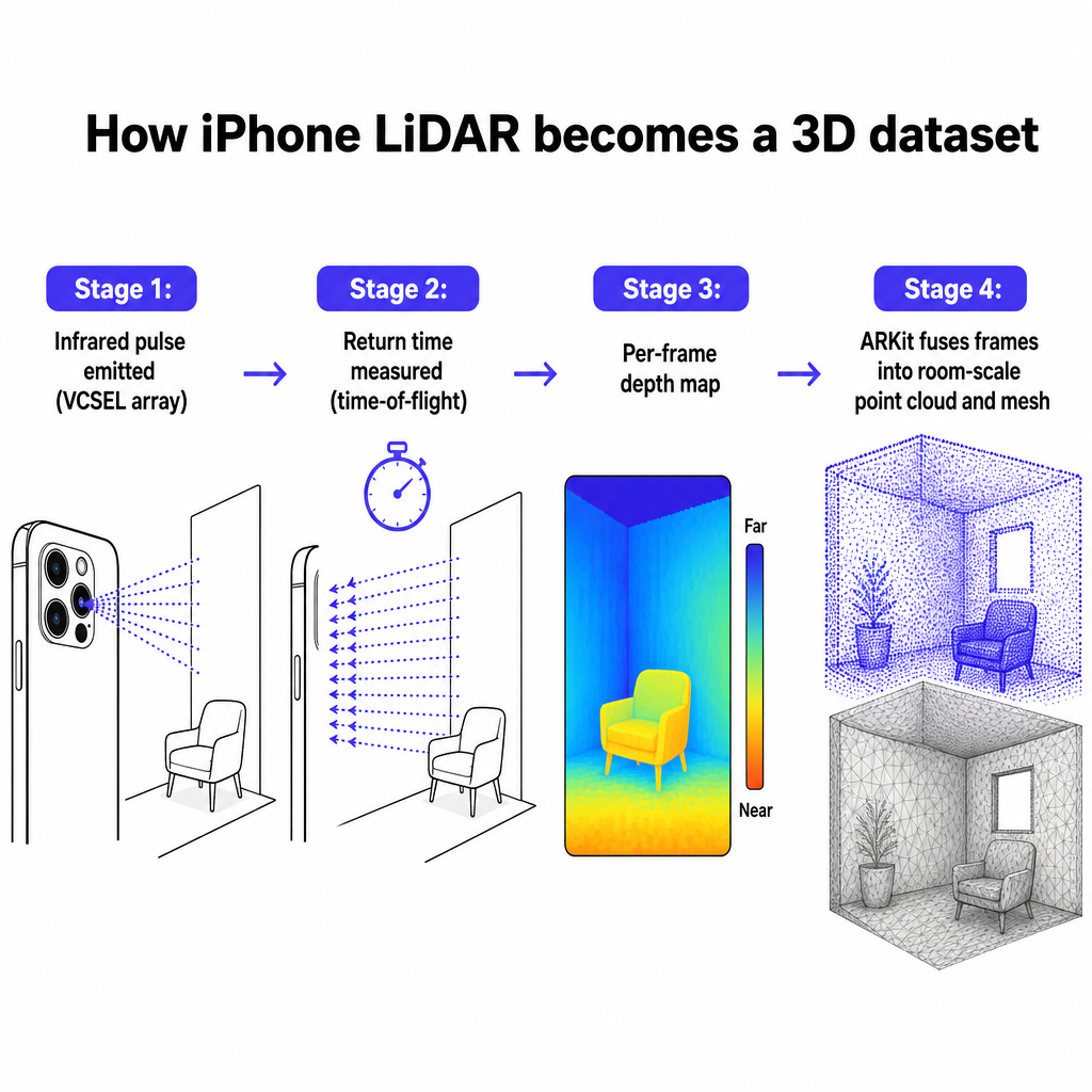 Four-stage diagram from infrared pulse to fused room-scale 3D point cloud and mesh