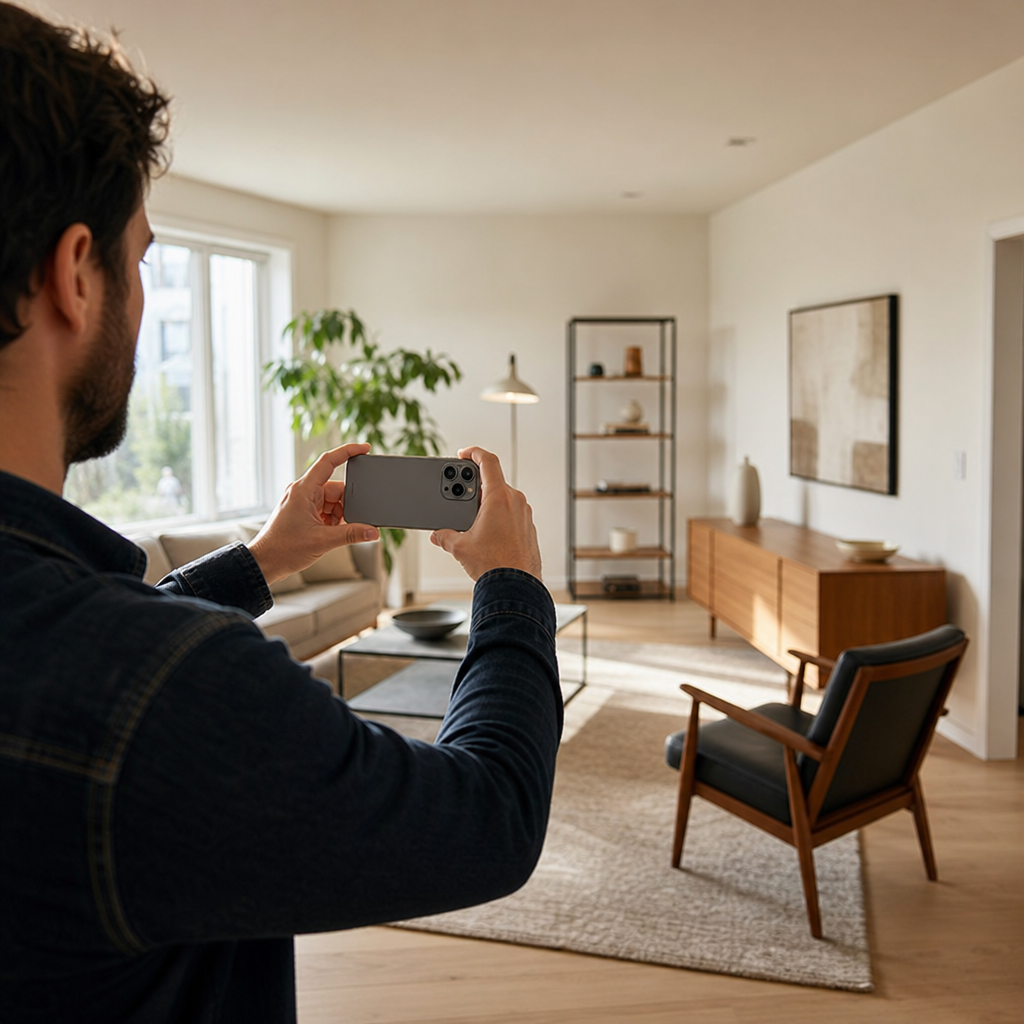 A person capturing a well-lit interior room by panning a Pro iPhone across the space
