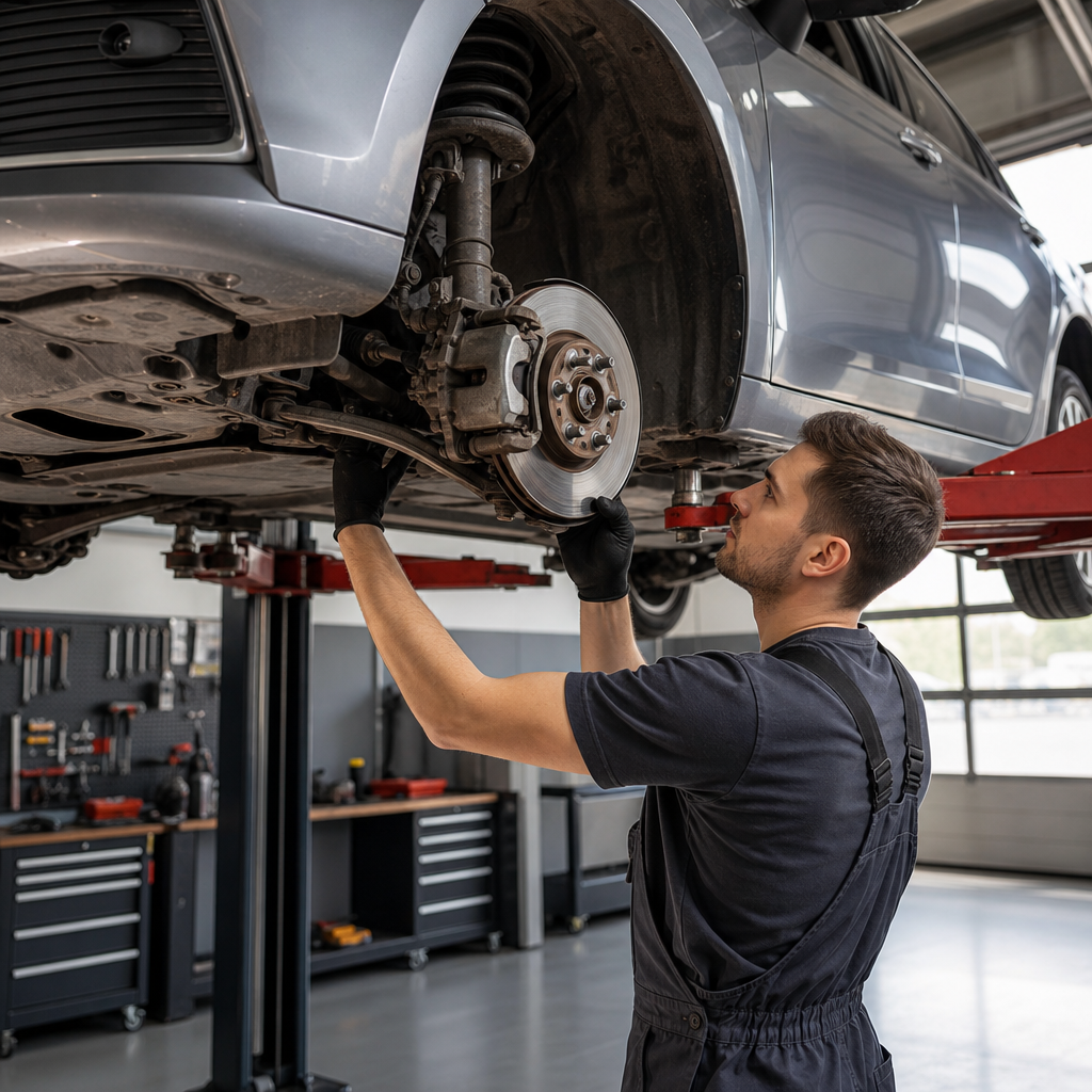 Lift üzerindeki bir aracın ön takım ve fren sistemini kontrol eden servis teknisyeni