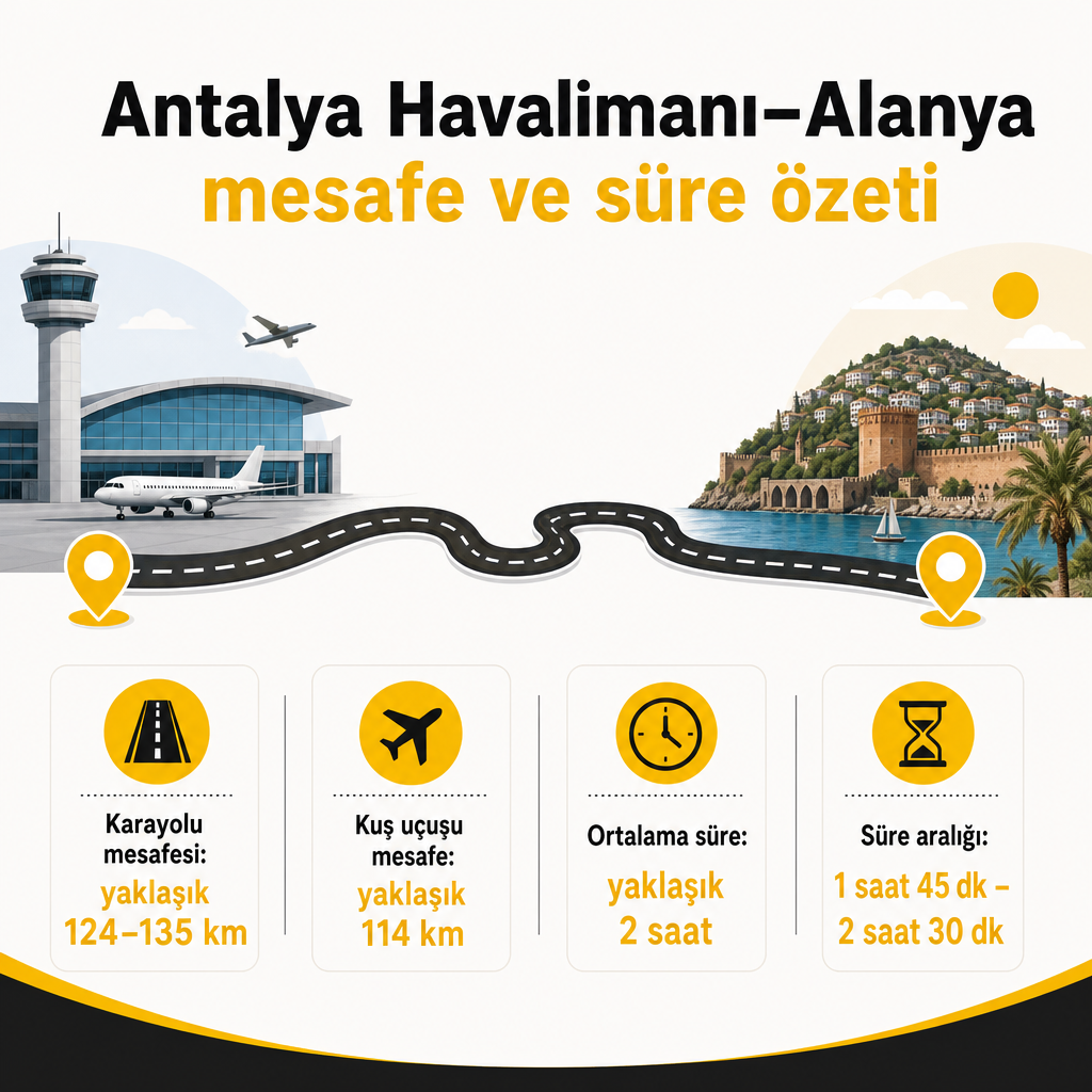 Informationsgrafik, die die Entfernung und Fahrtdauer zwischen dem Flughafen Antalya und Alanya zeigt