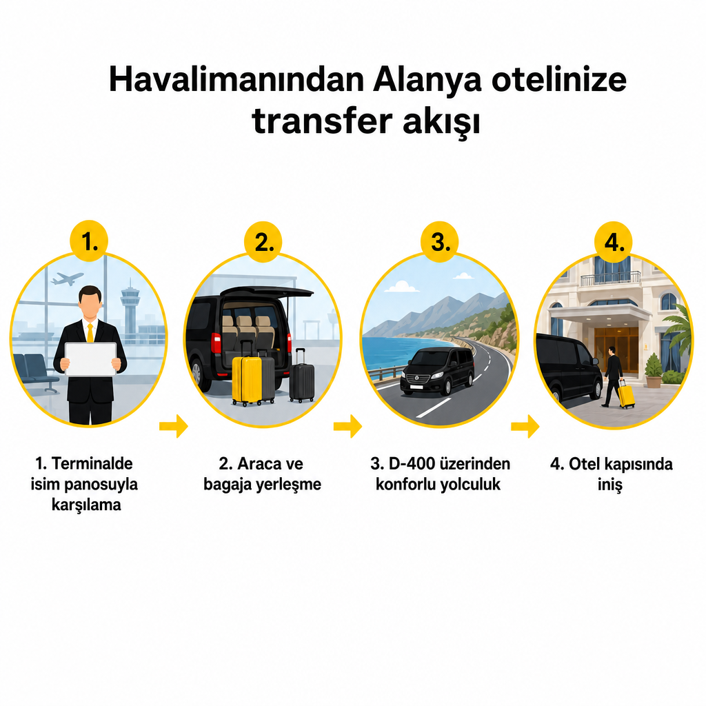 Schema des vierstufigen Transferprozesses vom Flughafenempfang bis zur Hoteltür