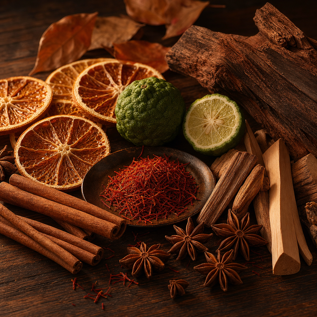 Kurutulmuş portakal dilimleri, tarçın, yıldız anason, bergamot, safran ve odunsu parçalardan oluşan sıcak tonlu sonbahar kompozisyonu