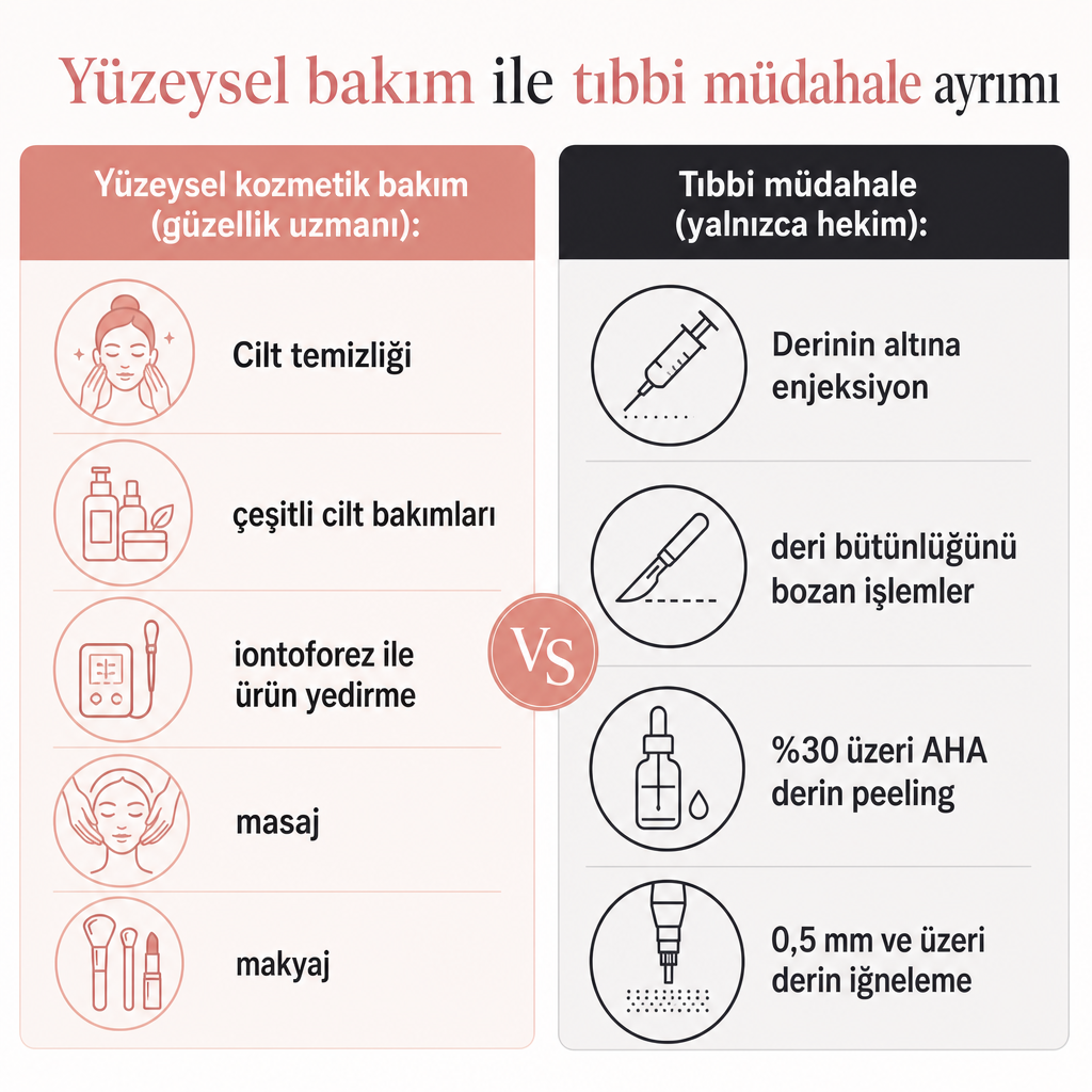 Güzellik uzmanının yapabildiği yüzeysel bakımlar ile yalnızca hekimlerin yapabildiği tıbbi işlemleri karşılaştıran görsel