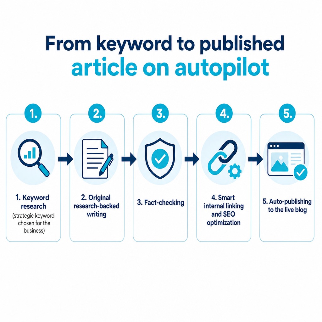 Fünfstufiger Prozess mit Keyword-Recherche, Schreiben, Faktenprüfung, interner Verlinkung und Veröffentlichung als ein automatisierter Ablauf