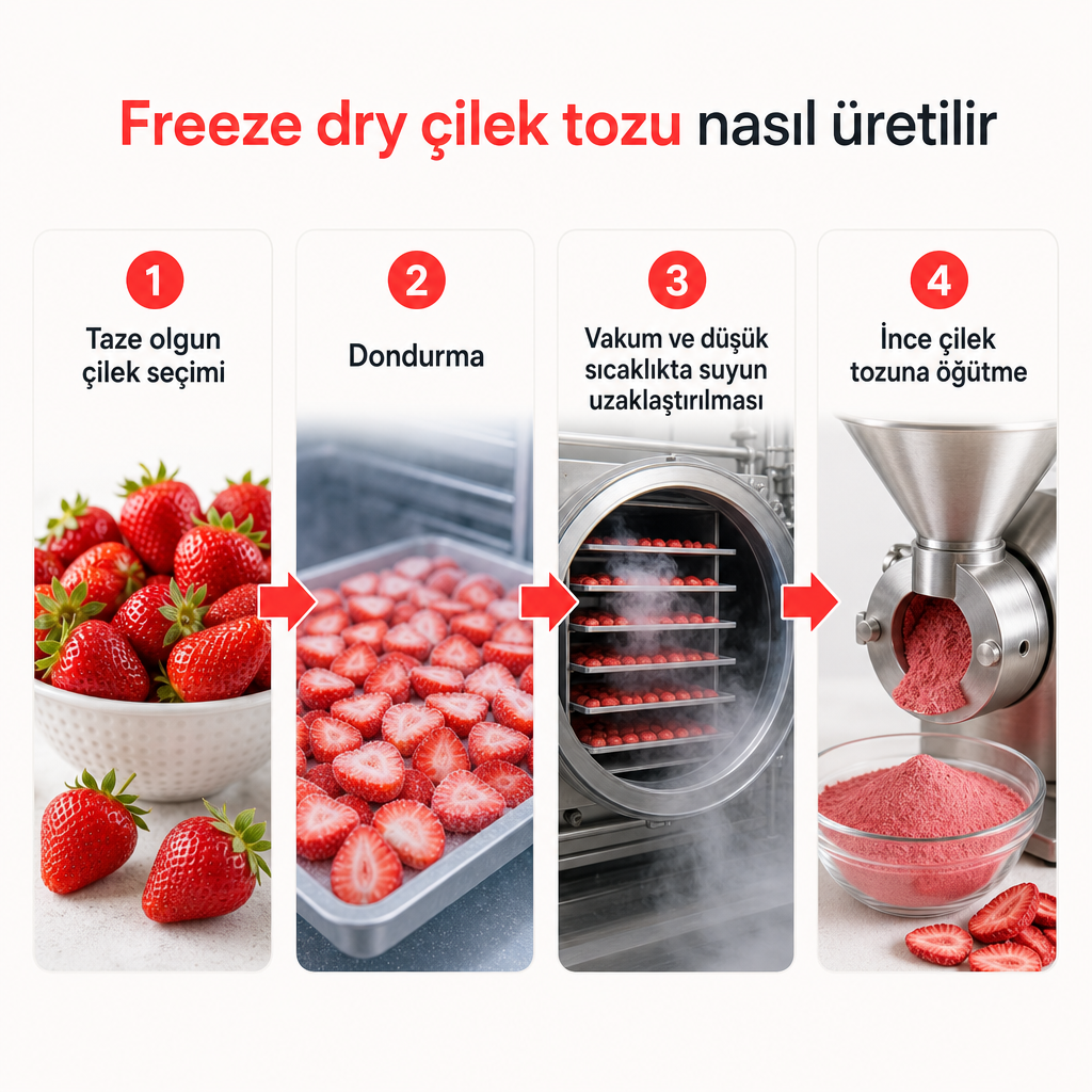Çilekten freeze dry çilek tozuna giden dört aşamalı üretim süreci şeması