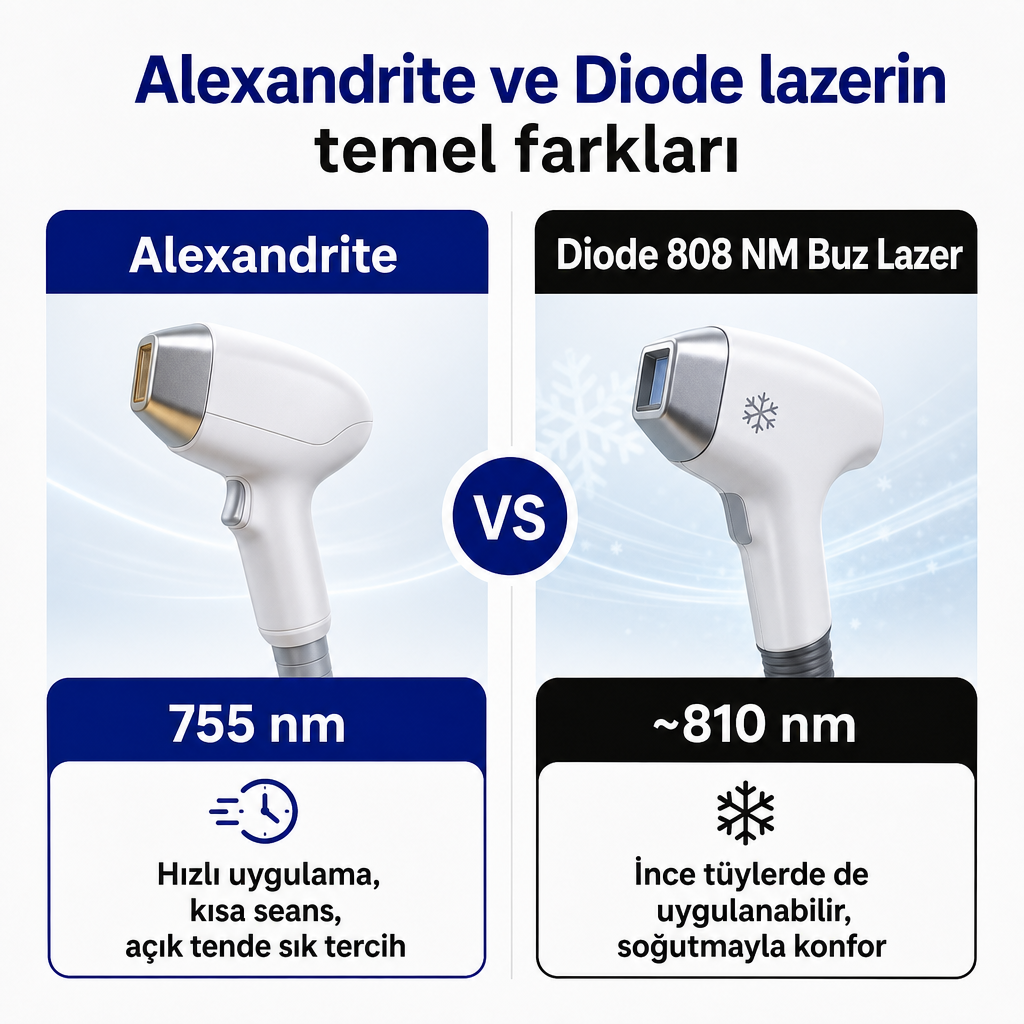 Alexandrite 755 nm ile Diode 808 NM Buz Lazer teknolojilerinin dalga boyu ve avantaj karşılaştırması
