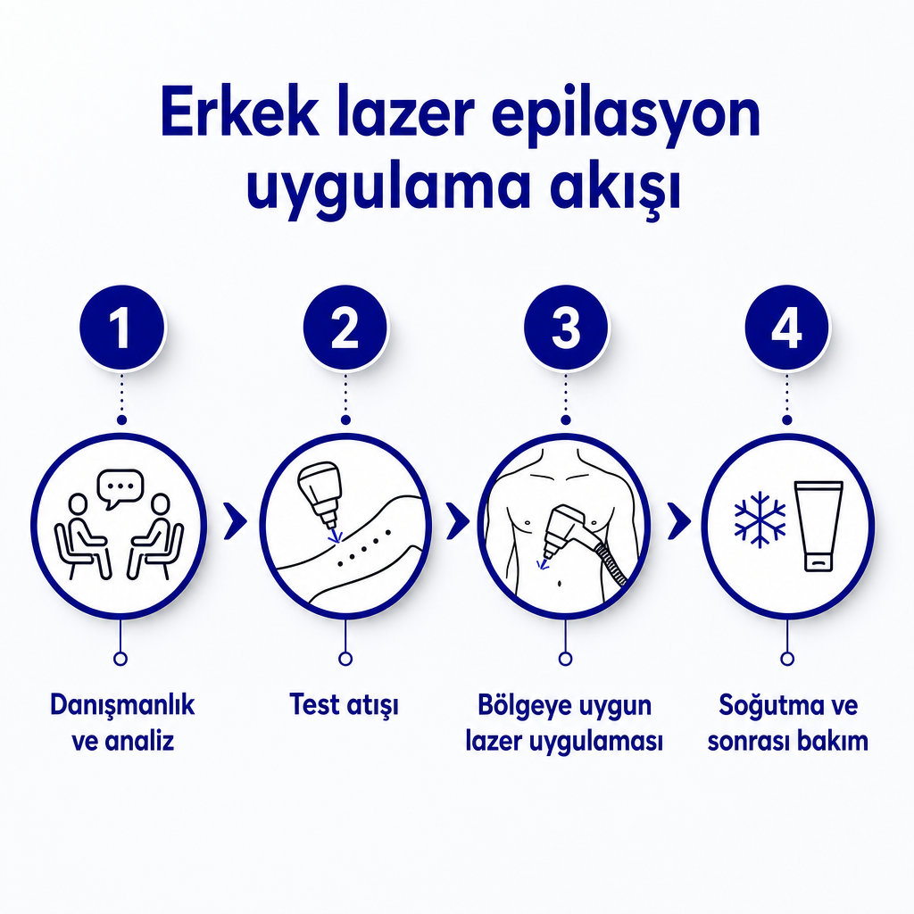 Danışmanlık, test atışı, uygulama ve sonrası bakım adımlarından oluşan erkek lazer epilasyon süreci