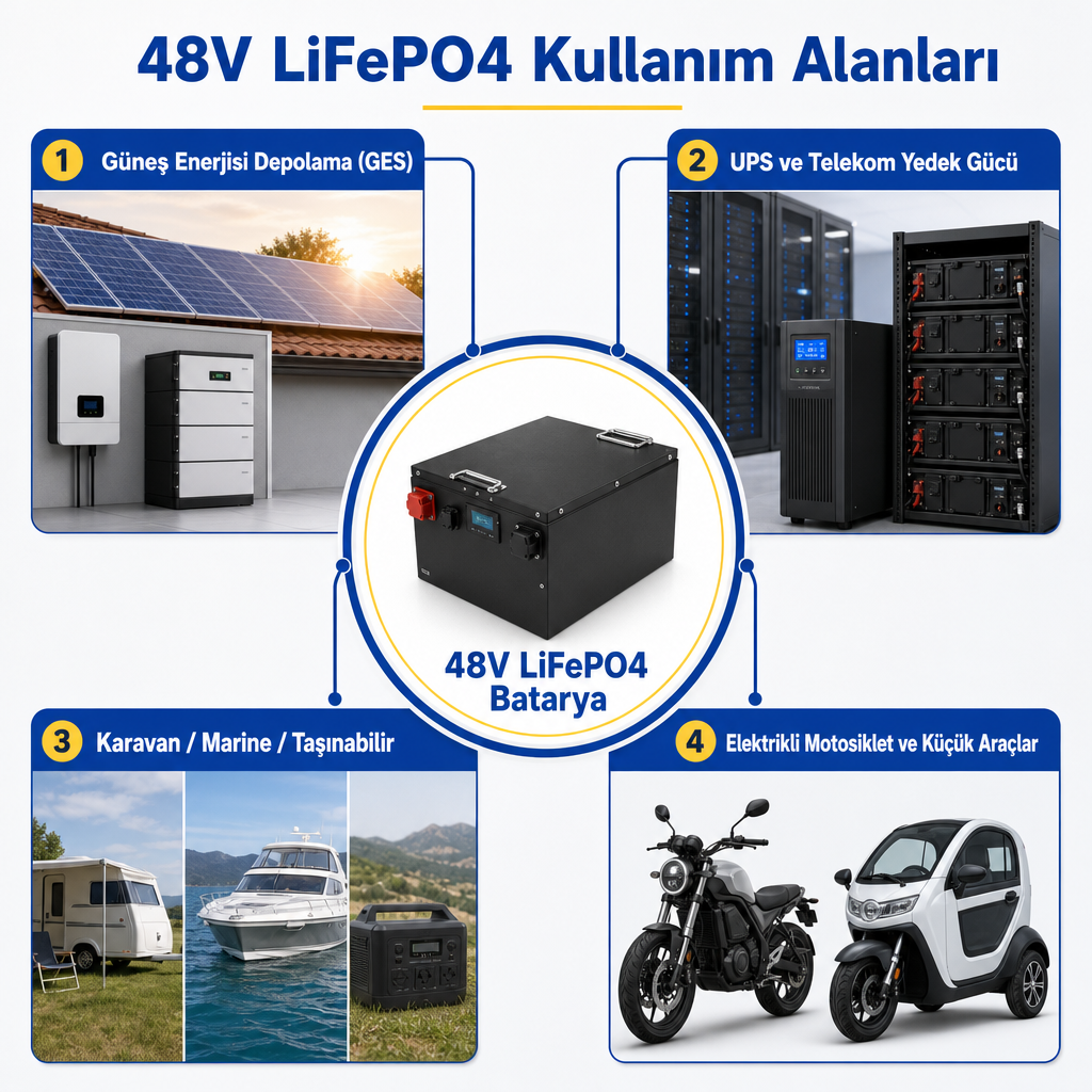 48V LiFePO4 bataryanın dört ana kullanım alanını gösteren karşılaştırma görseli