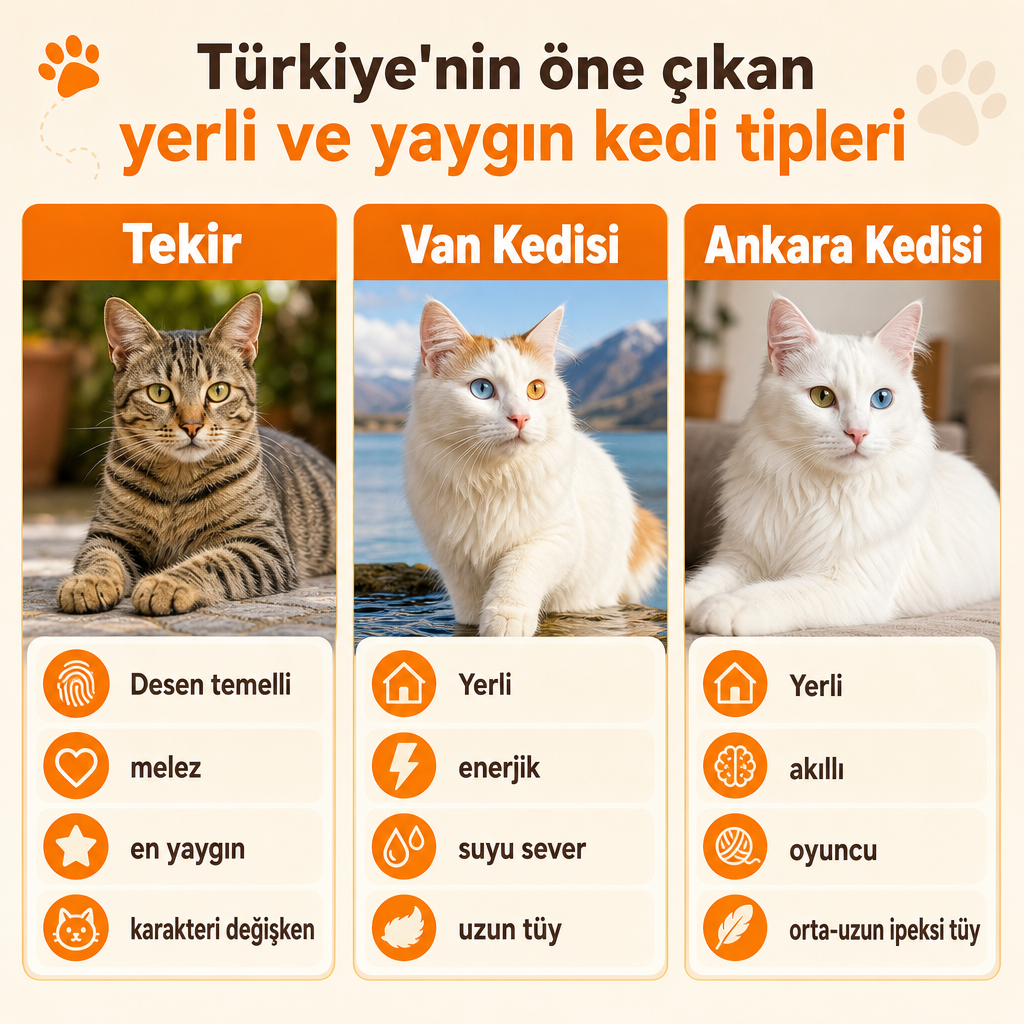 Tekir, Van kedisi ve Ankara kedisinin temel özelliklerini gösteren üç sütunlu karşılaştırma görseli.