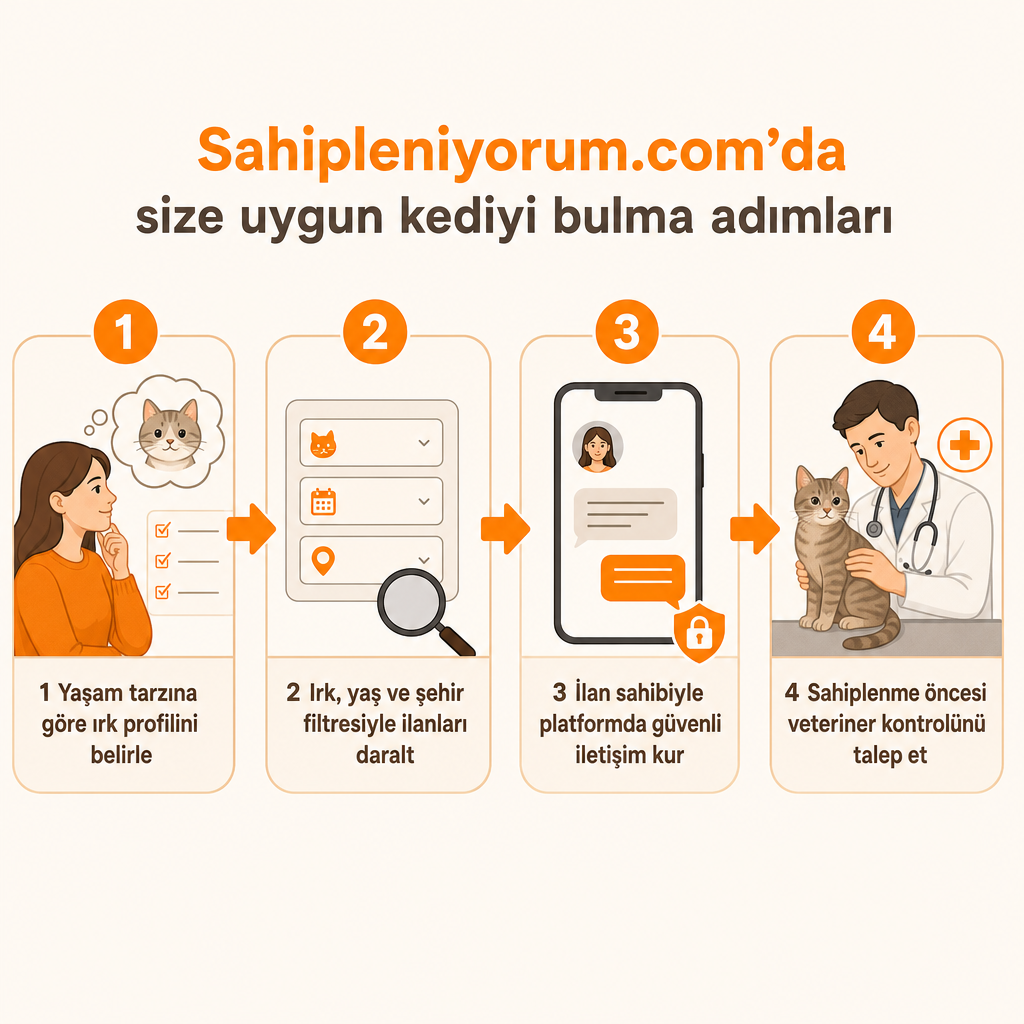 Yaşam tarzına göre ırk belirlemeden veteriner kontrolüne kadar dört adımlı sahiplenme süreci şeması.