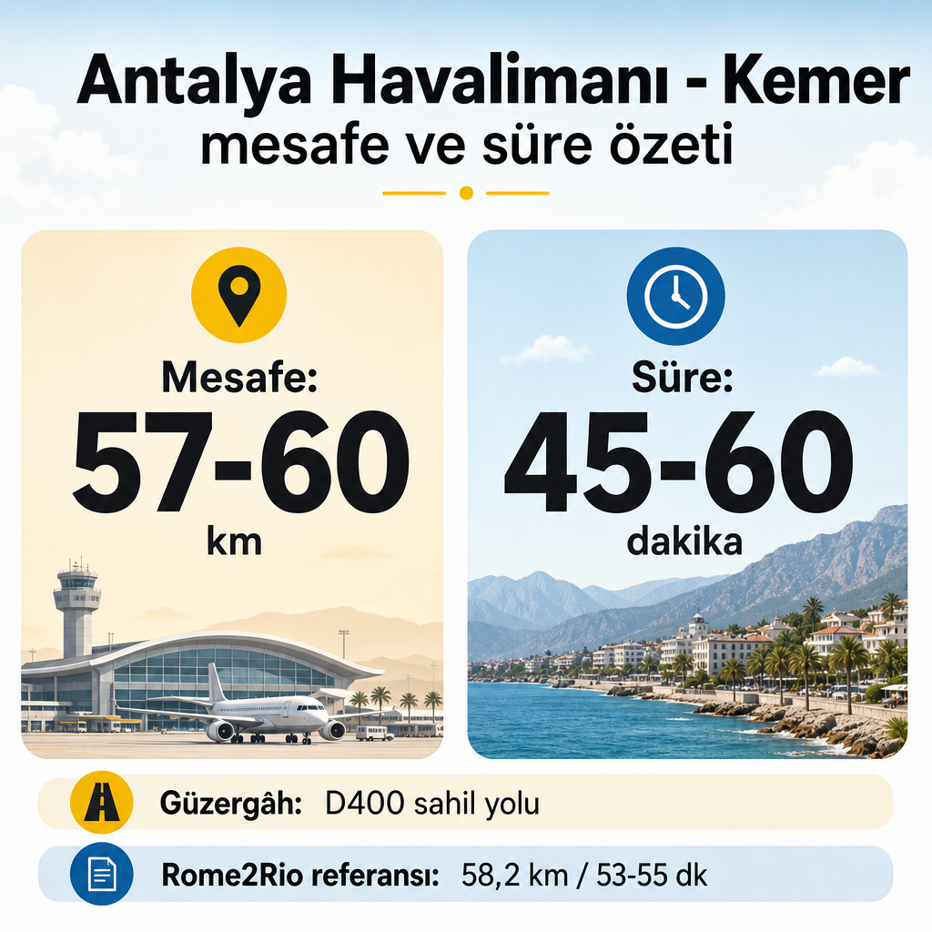 Infografik, die die Entfernung von 57-60 km und die Fahrzeit von 45-60 Minuten zwischen dem Flughafen Antalya und Kemer zeigt