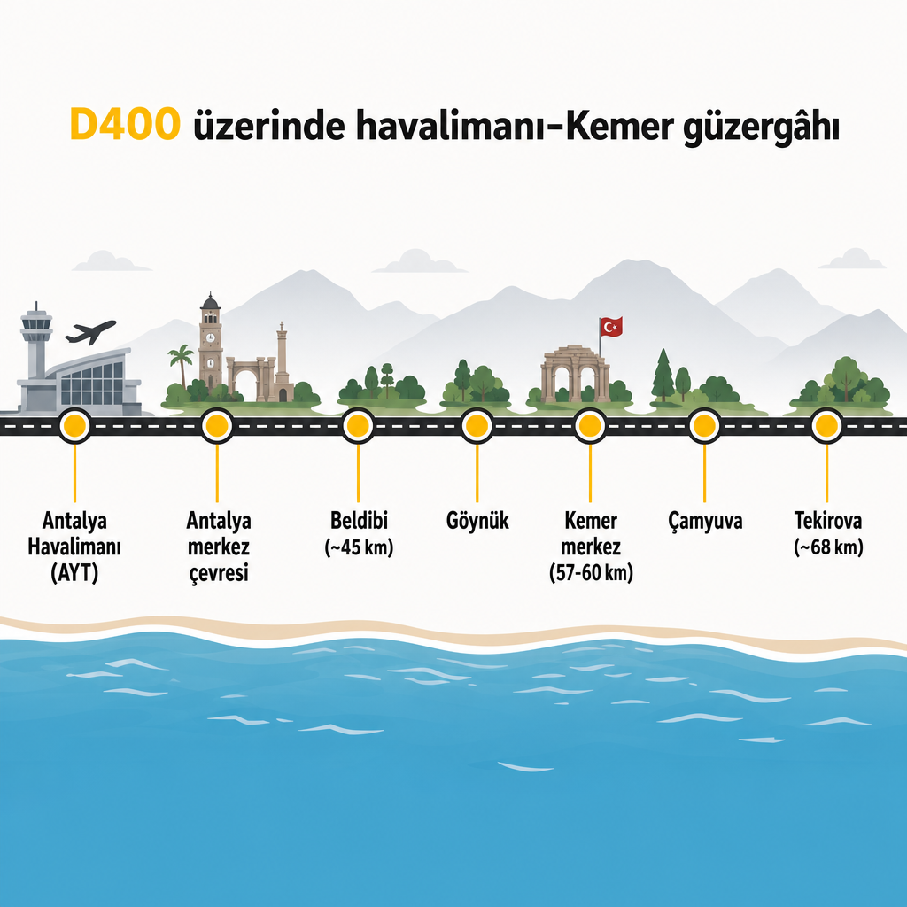 Schema, das die Route der Küstenstraße D400 vom Flughafen Antalya zu den Teilregionen von Kemer zeigt