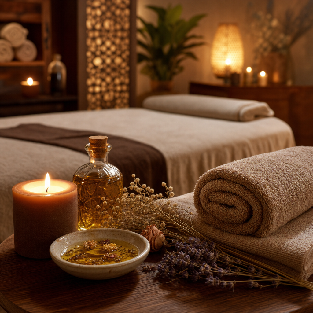 Loş ışıklı bir spa odasında aromaterapi yağı, havlular ve mum