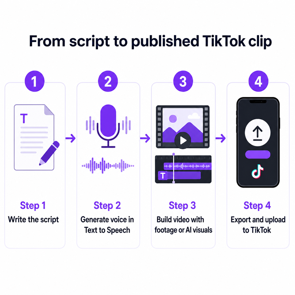Processo in quattro passi dalla scrittura di uno script al caricamento di un video TikTok finito