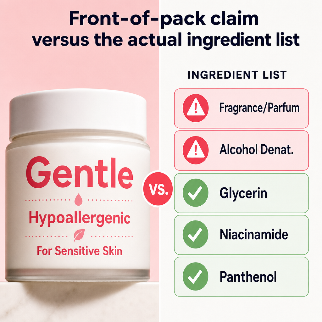 A marketing label on the left contrasted with a categorized ingredient list on the right showing flagged and positive ingredients.