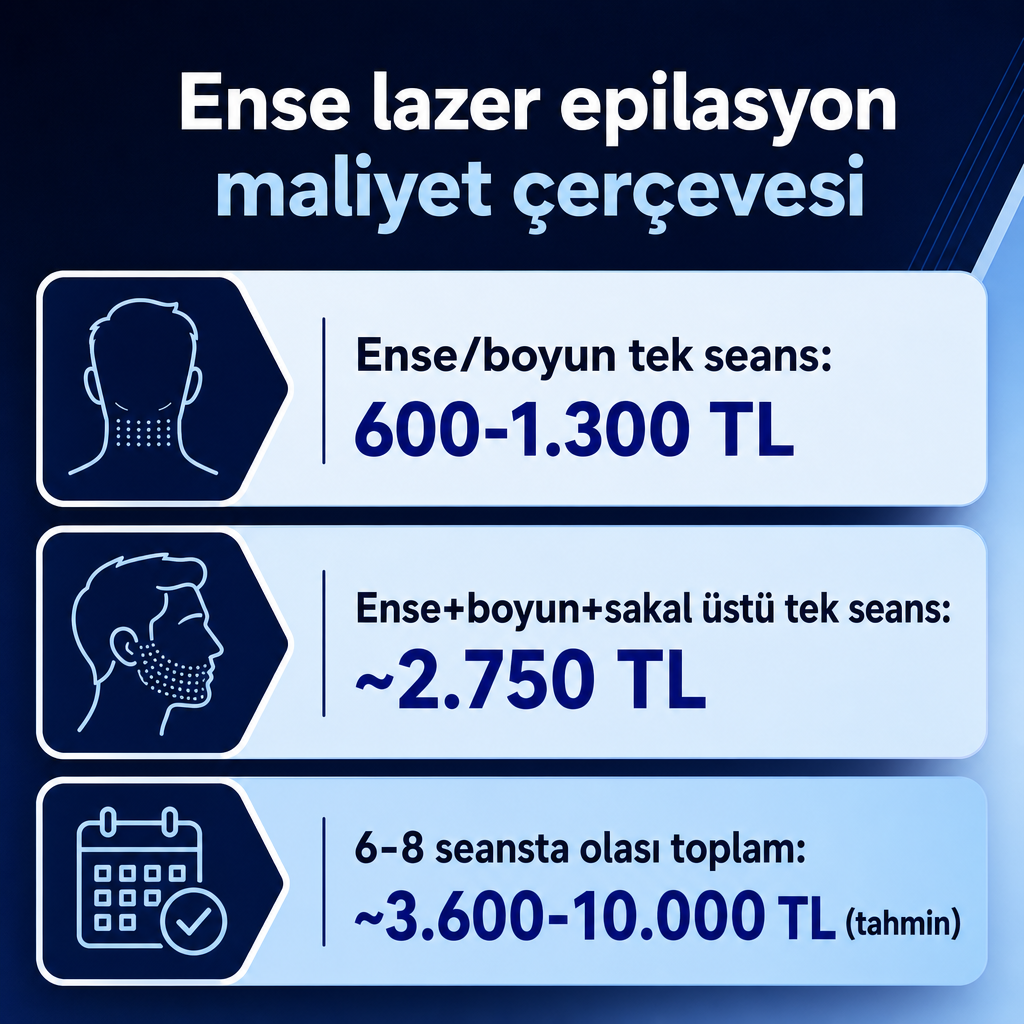 Ense lazer epilasyonu için tek seans ve toplam maliyet aralıklarını gösteren bilgi grafiği