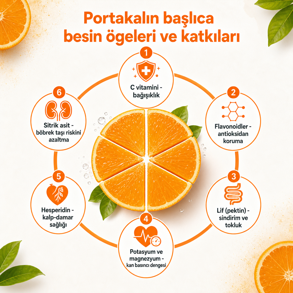 Portakalın altı temel besin ögesini ve sağlığa katkılarını gösteren halka biçiminde infografik.