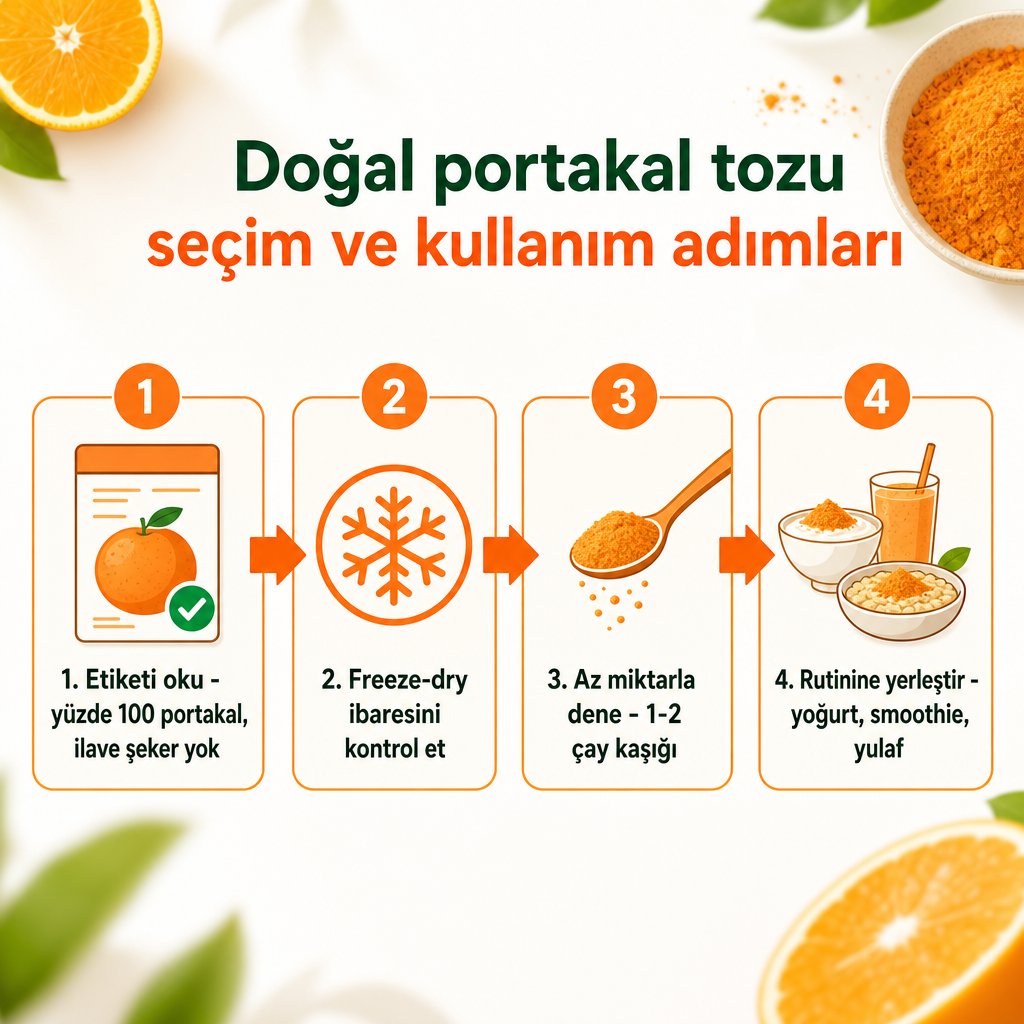 Portakal tozu seçme ve kullanmanın dört adımını gösteren yatay süreç diyagramı.