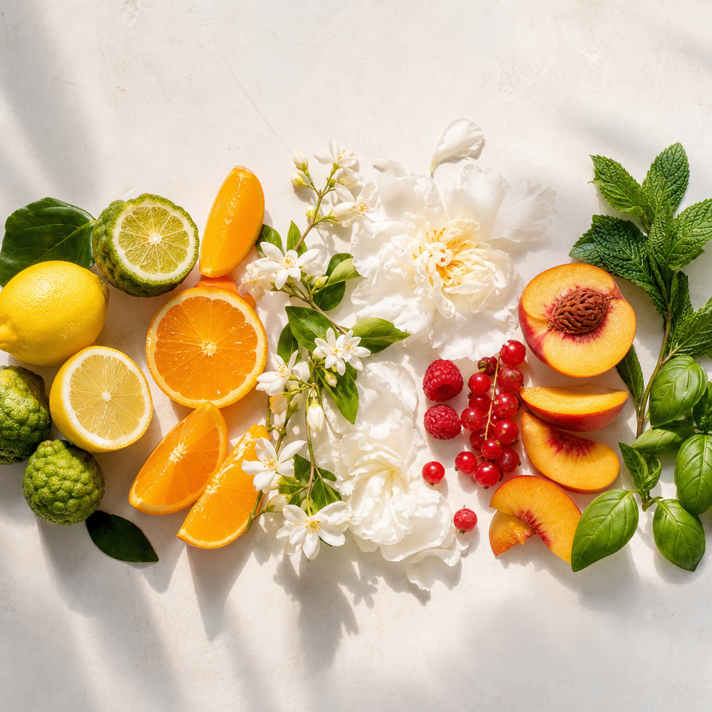 Limon, bergamot, portakal, yasemin, şakayık, kırmızı meyve, şeftali ve taze nane yapraklarından oluşan yaz notaları düzenlemesi