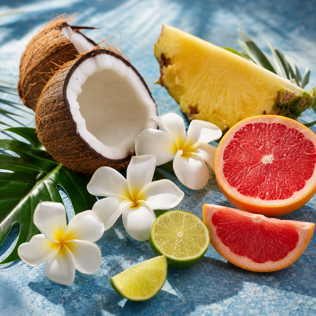 Hindistan cevizi, ananas, greyfurt, misket limonu ve beyaz tropik çiçeklerden oluşan mavi zeminli tatil temalı düzenleme