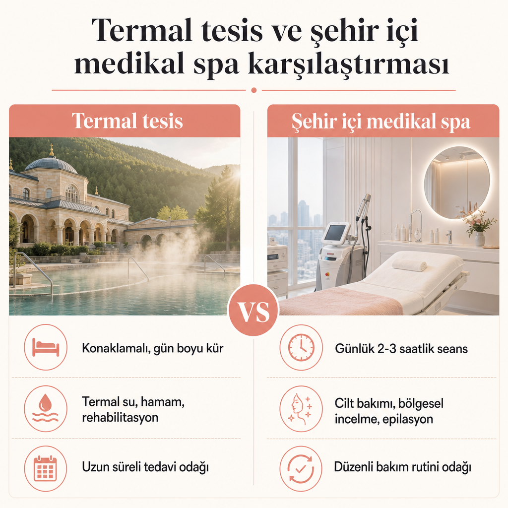 Termal tesis ile şehir içi medikal spa arasındaki temel farkları gösteren iki sütunlu karşılaştırma görseli