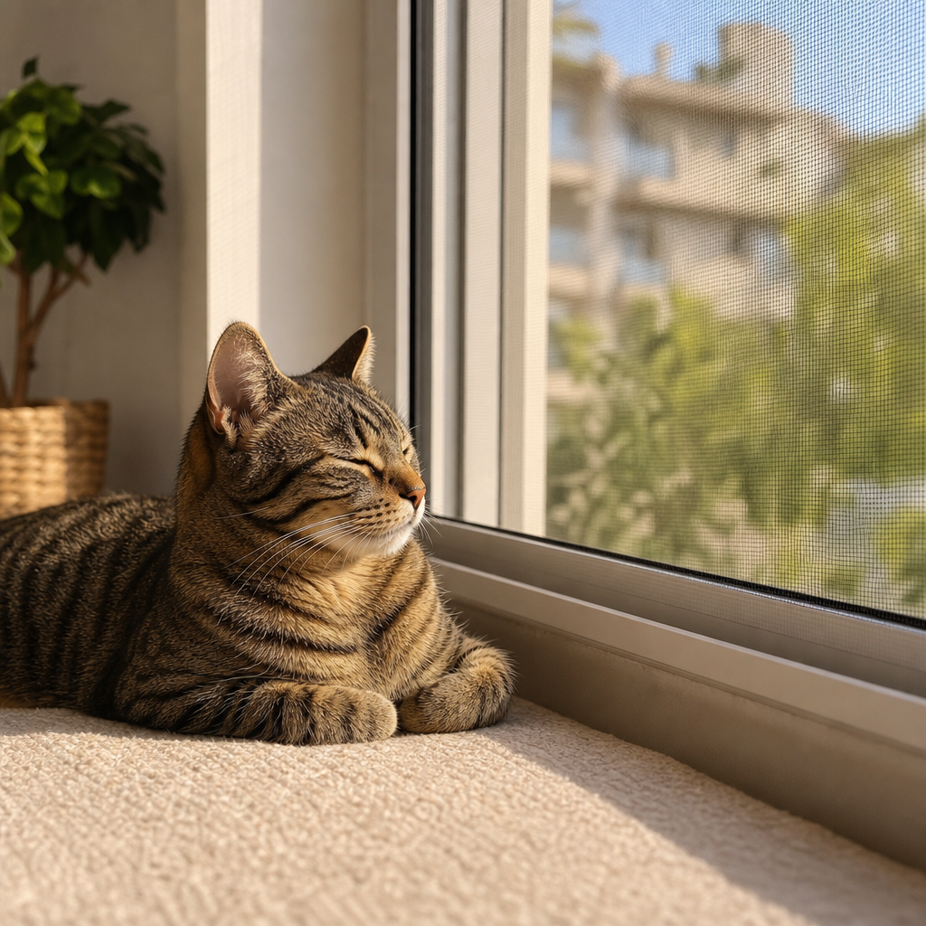 Güvenli sinekli bir pencere kenarında dinlenen tekir kedi