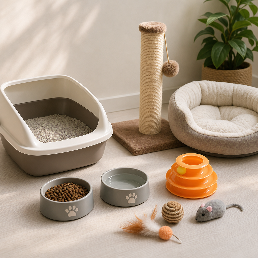Yeni gelecek kedi için hazırlanmış temel malzemeler
