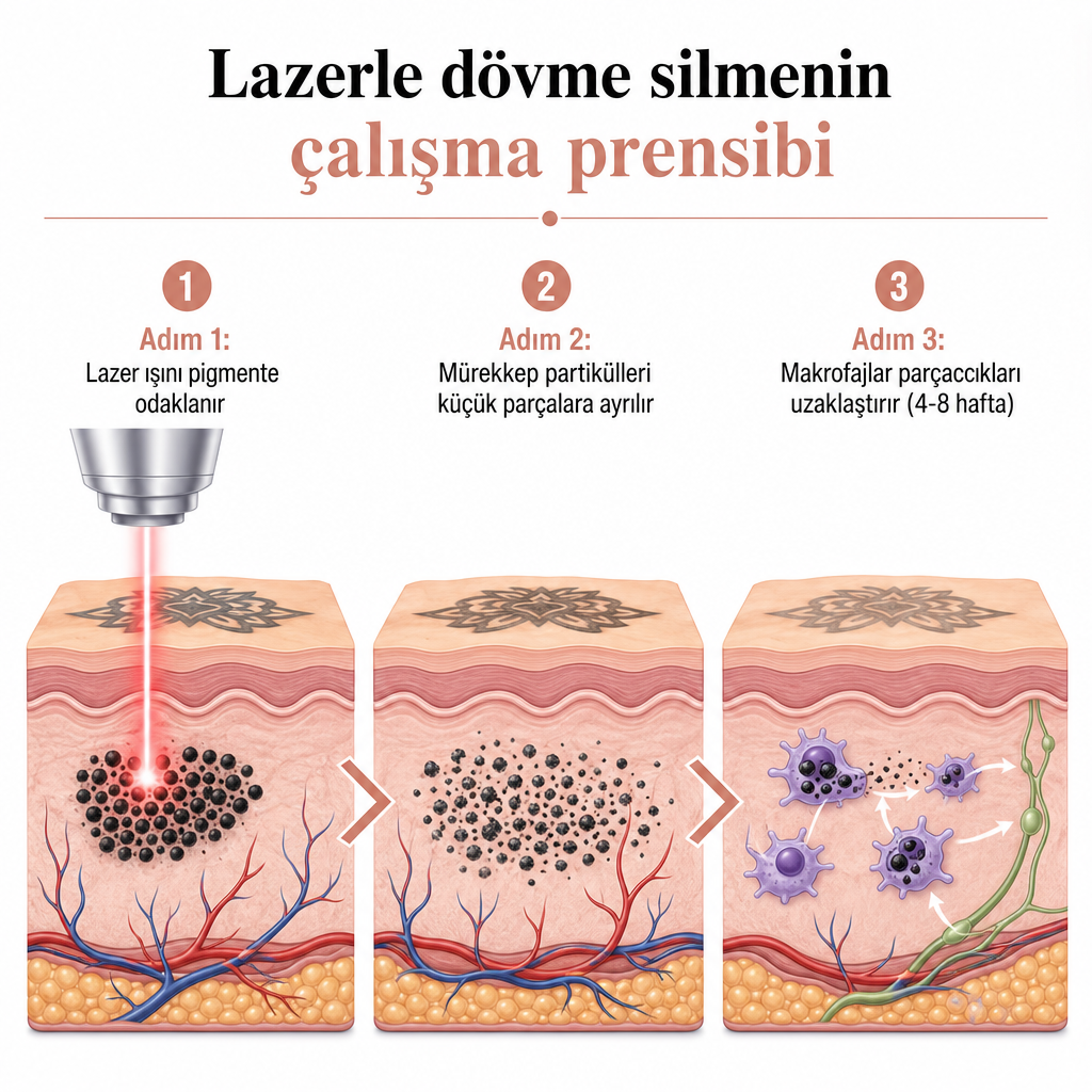 Lazerin dövme pigmentini parçaladığı ve bağışıklık hücrelerinin temizlediği üç aşamalı diyagram