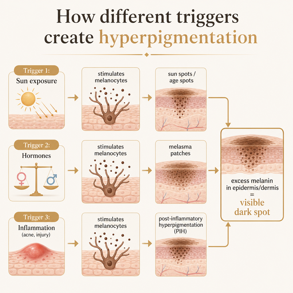 Diagram showing sun, hormones and inflammation each leading to excess melanin and a visible dark spot