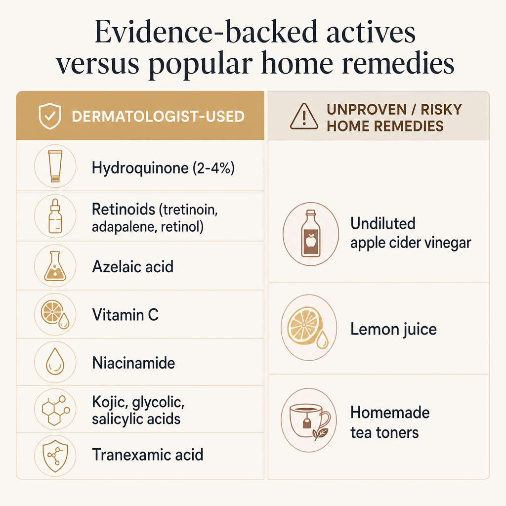 Comparison chart listing evidence-backed pigment actives beside unproven home remedies