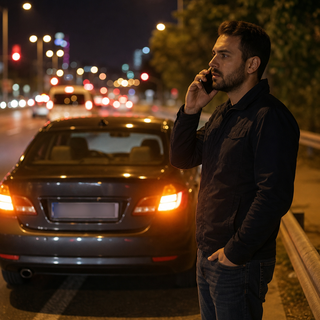 Gece yol kenarında dörtlüleri yanan araç ve telefonla yardım çağıran sürücü