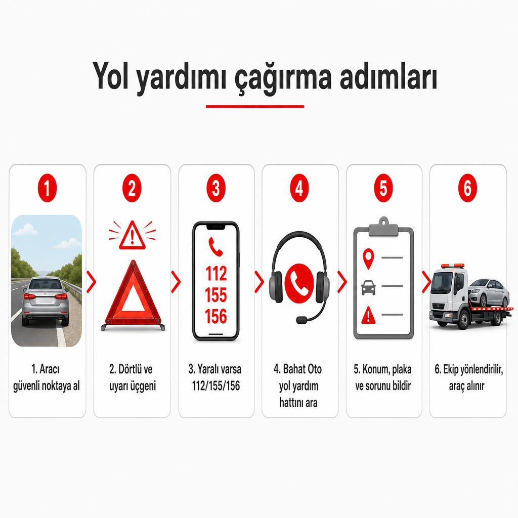 Yol yardımı çağırmanın altı adımını gösteren süreç şeması