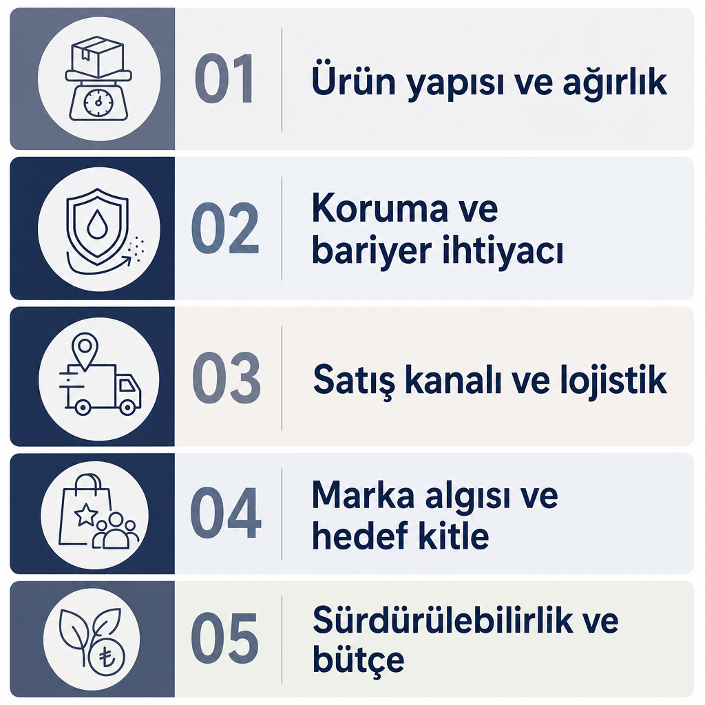 Ambalaj seçiminde ürün, koruma, kanal, marka ve sürdürülebilirlik eksenlerini gösteren beş bantlı bilgi grafiği