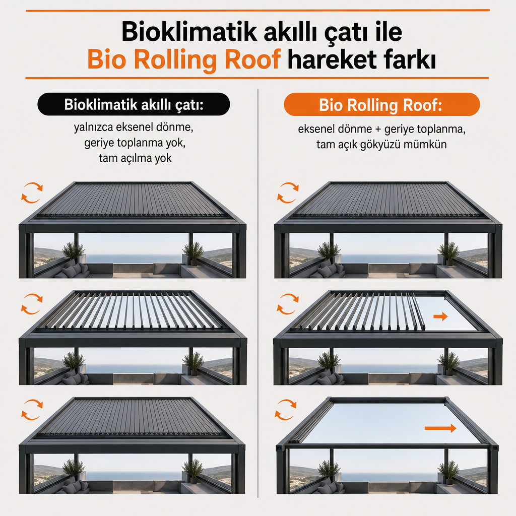 Bioklimatik lamellerin yalnızca döndüğünü, Bio Rolling panellerinin ise döndükten sonra toplandığını gösteren karşılaştırma