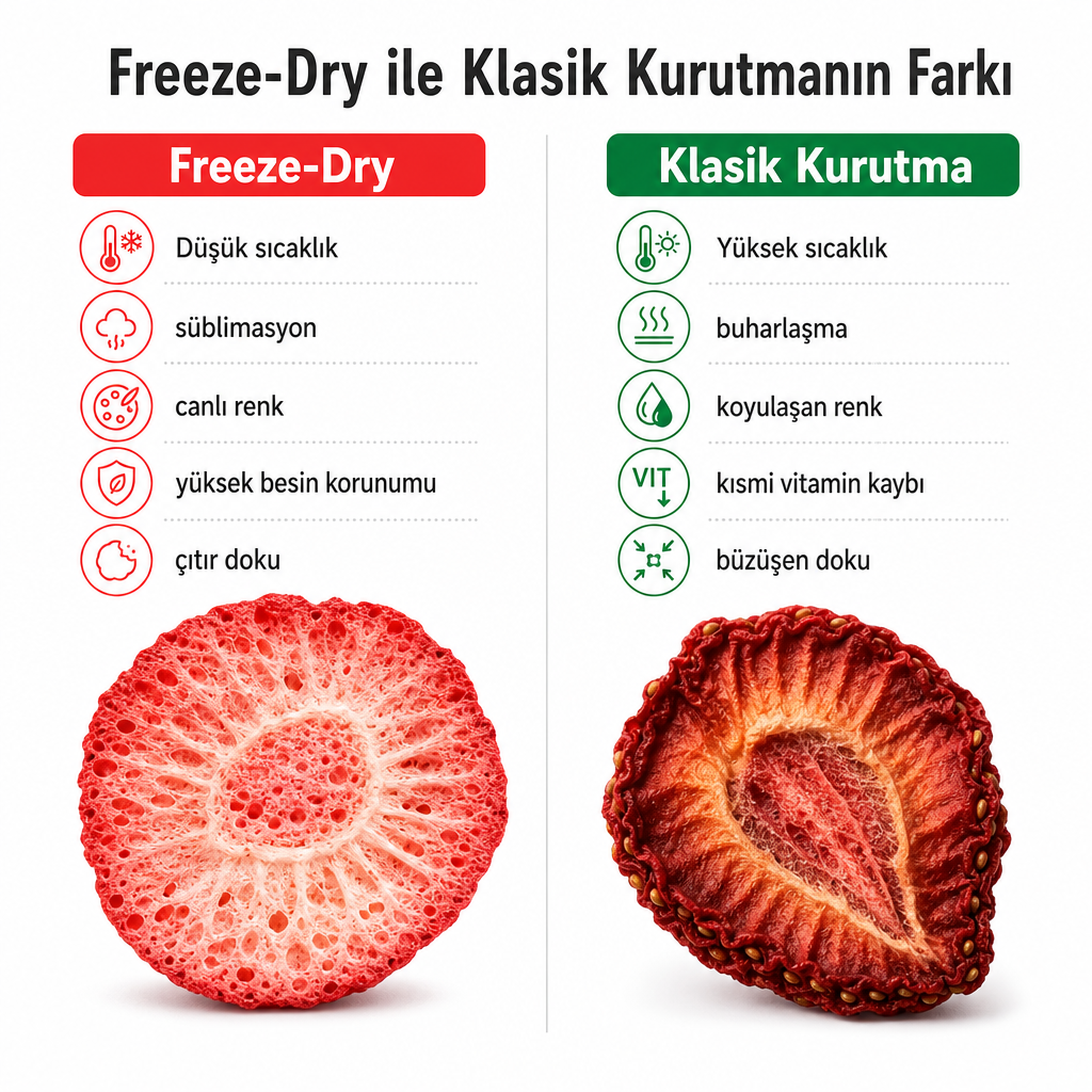 Freeze-dry ve klasik kurutma yöntemiyle işlenmiş meyvelerin renk ve doku farkını gösteren karşılaştırma görseli