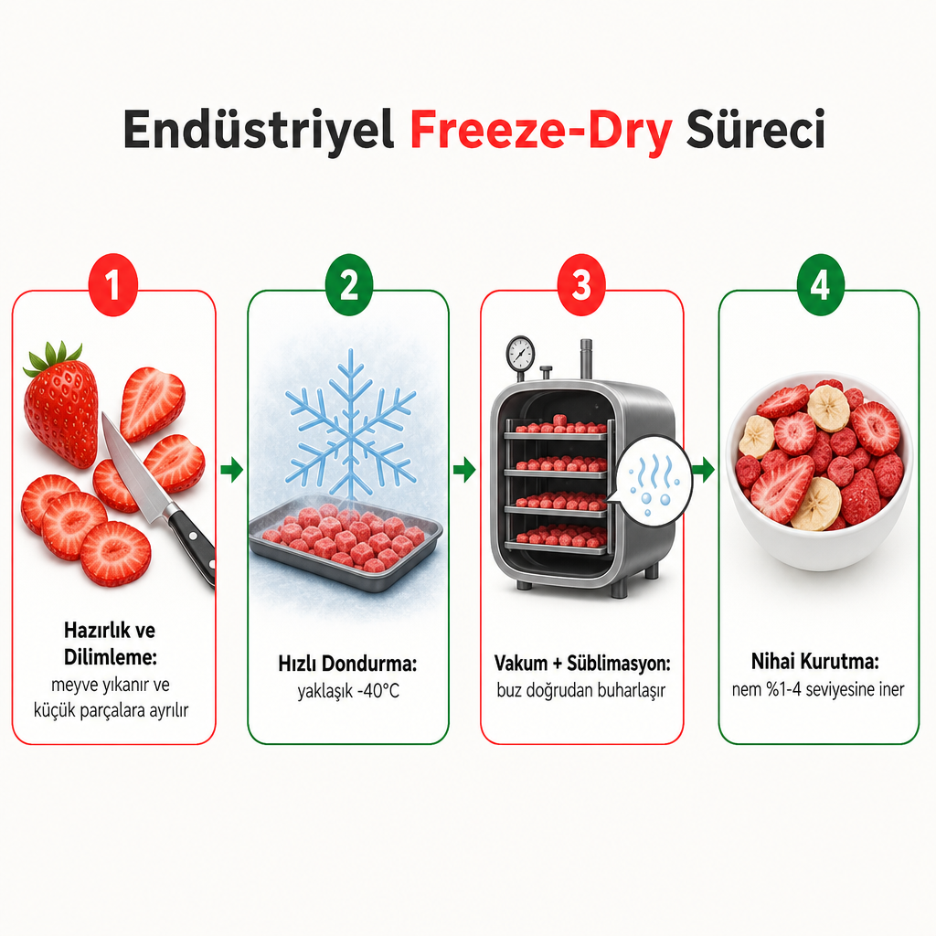 Freeze-dry üretiminin dört aşamasını gösteren adım adım süreç şeması