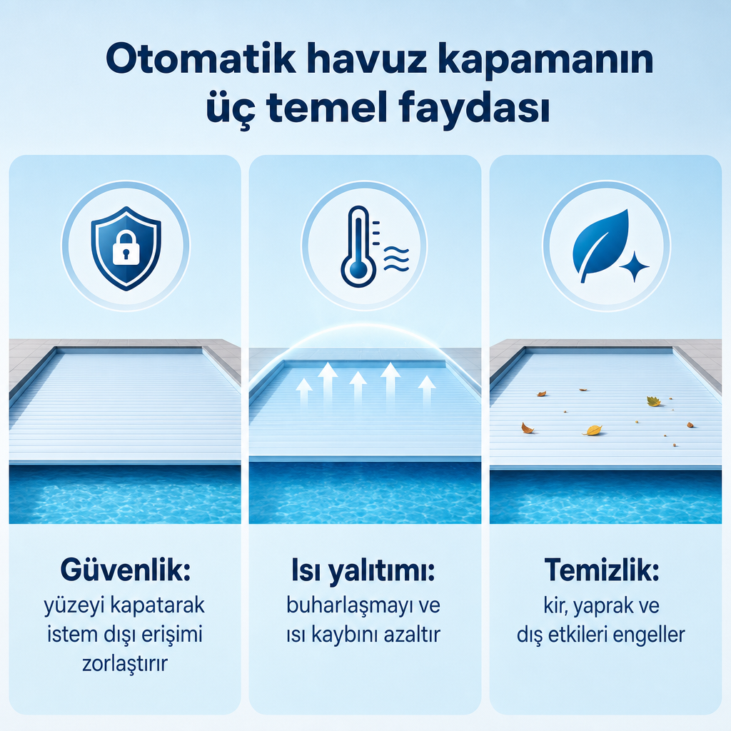 Güvenlik, ısı yalıtımı ve temizlik başlıklarını gösteren üç sütunlu infografik