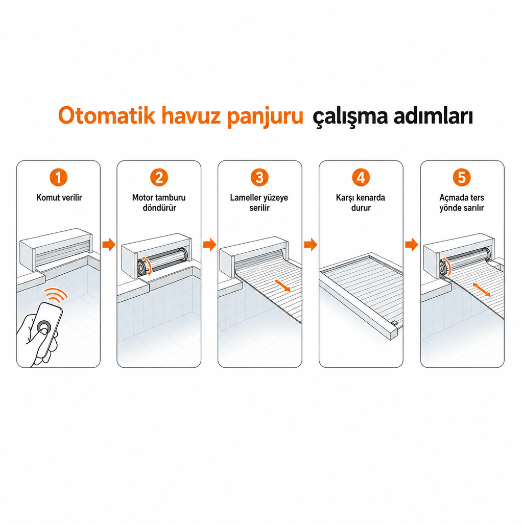 Otomatik havuz panjurunun beş adımlı çalışma sürecini gösteren akış diyagramı