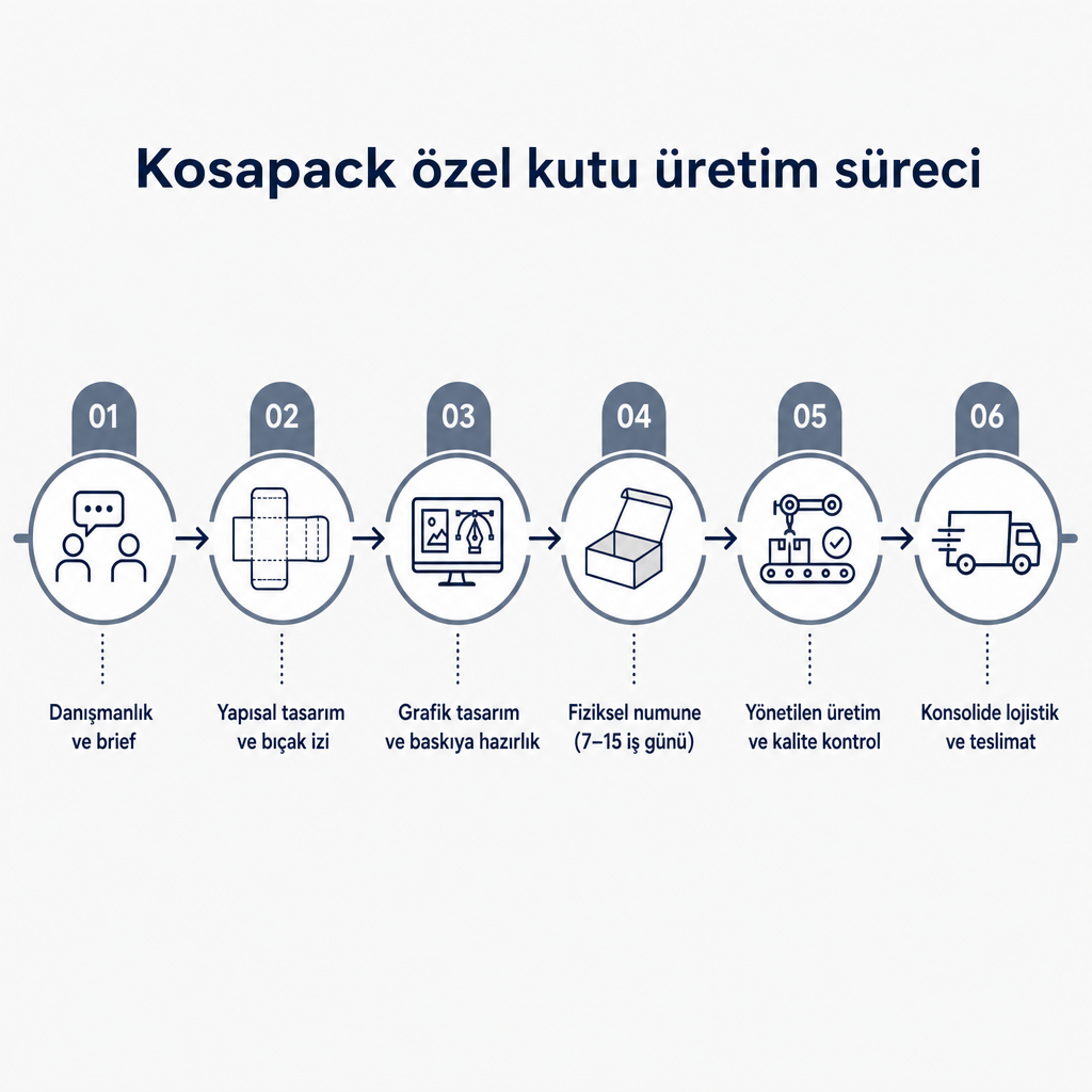 Danışmanlıktan teslimata kadar altı adımlı özel kutu üretim sürecini gösteren akış görseli.