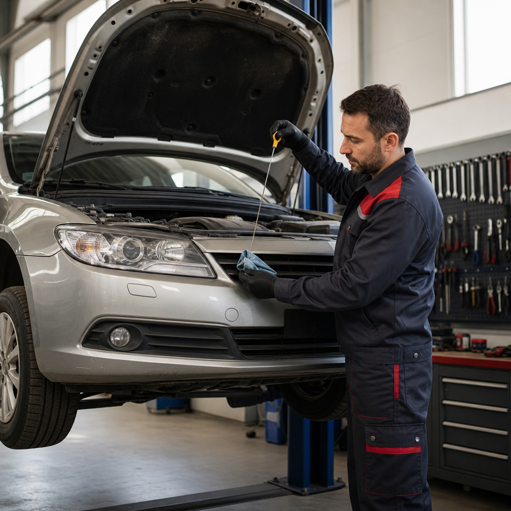 Servis liftindeki bir aracın motor yağı seviyesini kontrol eden teknisyen