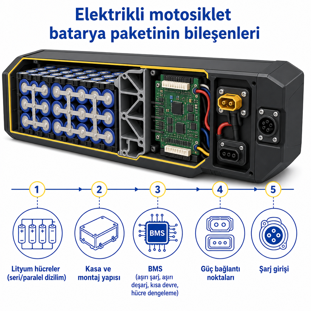 Elektrikli motosiklet batarya paketinin hücreler, kasa, BMS ve bağlantı noktaları gibi temel bileşenlerini gösteren diyagram