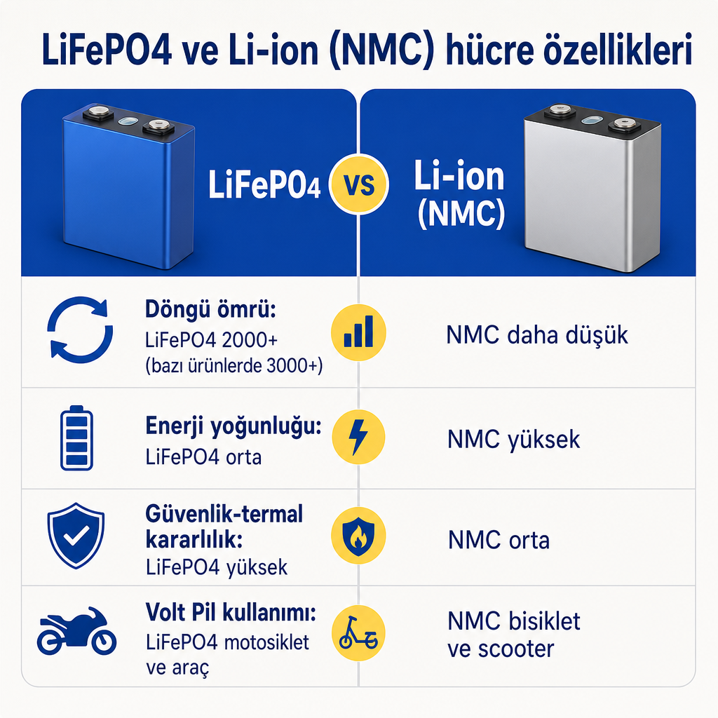 LiFePO4 ve Li-ion (NMC) hücrelerin döngü ömrü, enerji yoğunluğu ve güvenlik açısından karşılaştırıldığı görsel