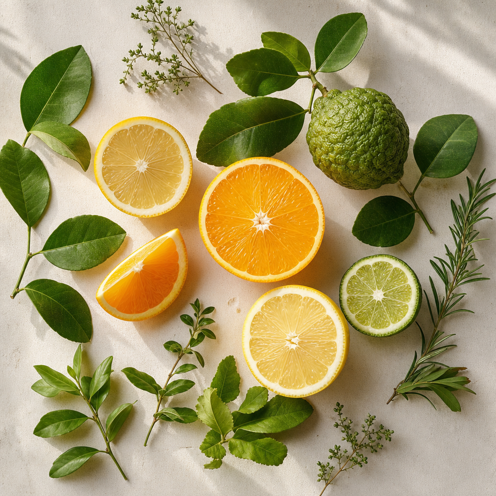 Editoryal düzende dizilmiş limon ve portakal dilimleri, bergamot ve yeşil yapraklardan oluşan ferah narenciye kompozisyonu
