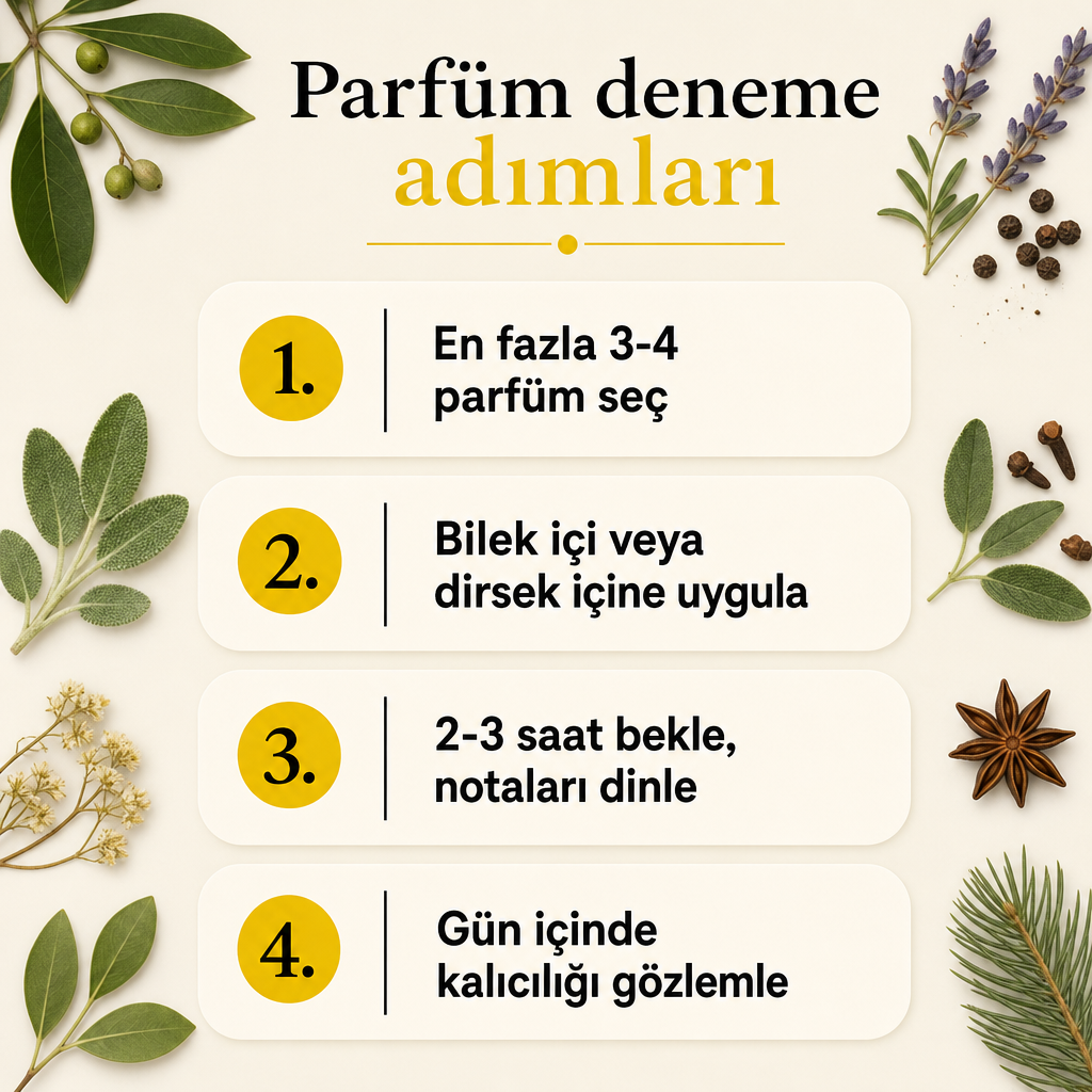 Erkek parfümü denemenin dört adımını sırayla gösteren infografik